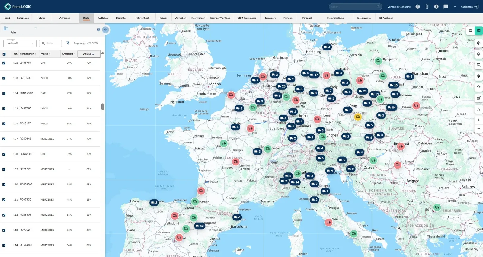 Flottenkarte im frameLOGIC-System in der breiten Ansicht mit der Kraftstoff-Vorlage: links eine Tabelle mit Kennzeichen, Marke, Kraftstoff- und AdBlue-Stand, absteigend nach AdBlue sortiert, rechts eine Europakarte mit gruppierten Fahrzeugpositionen.