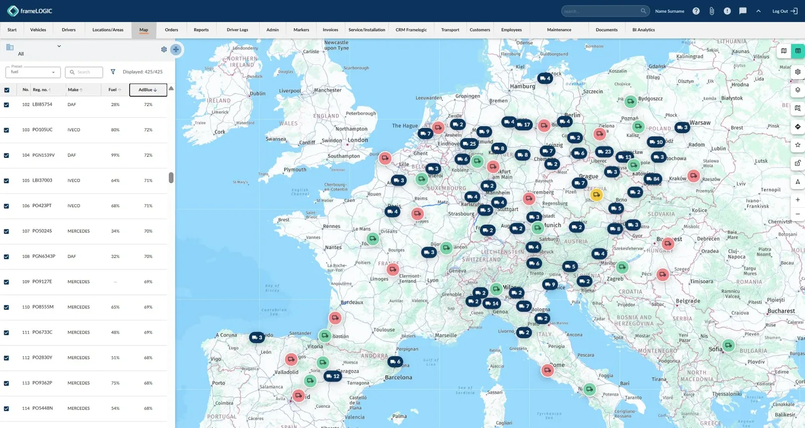 Fleet map in the frameLOGIC system, wide view with the fuel preset: on the left, a table with registration number, make, fuel level and AdBlue level, sorted by AdBlue in descending order; on the right, a map of Europe with clustered vehicle positions.
