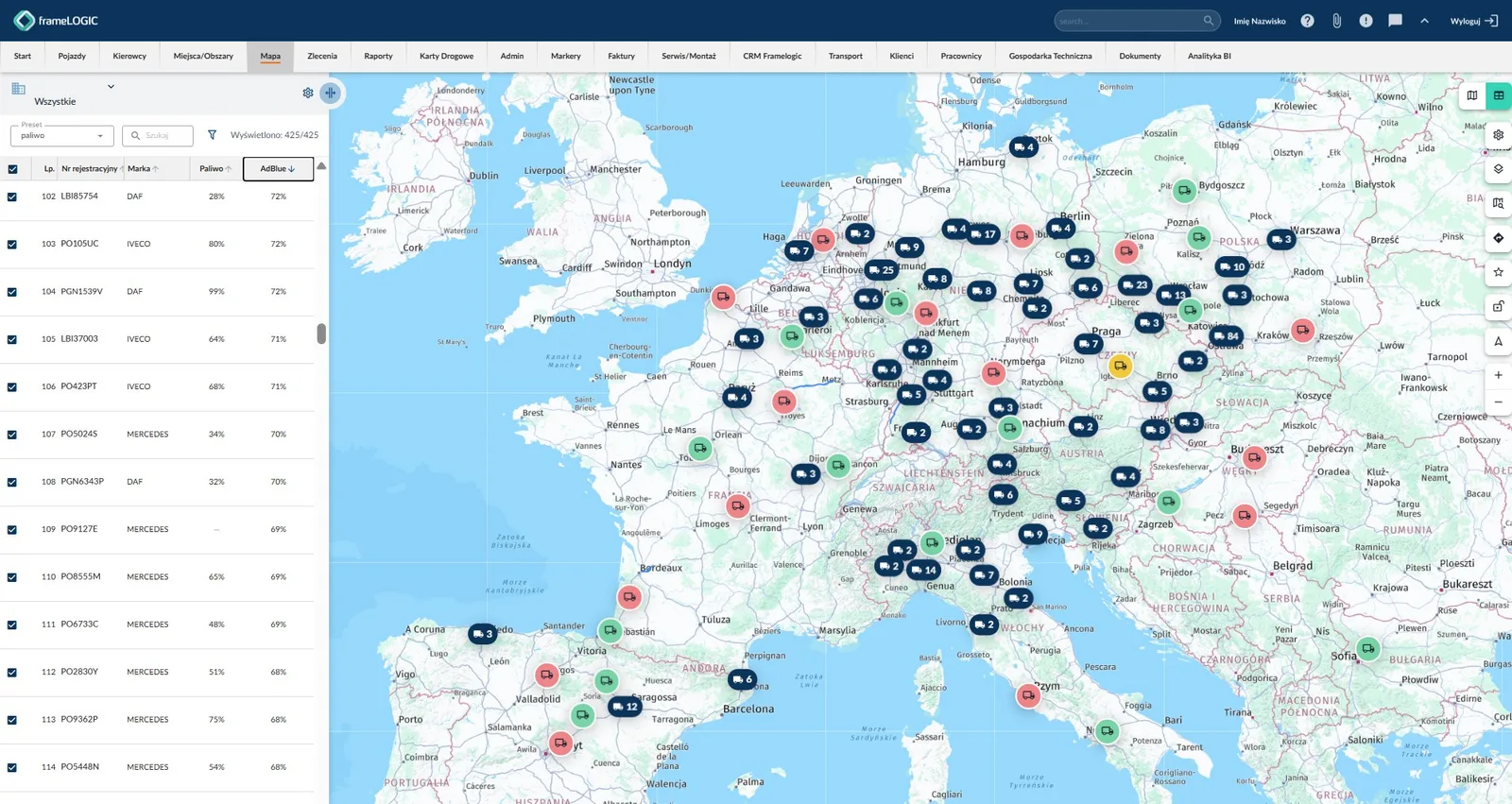 Mapa floty w systemie frameLOGIC w widoku szerokim z presetem „paliwo”: po lewej tabela z numerem rejestracyjnym, marką, poziomem paliwa i AdBlue, posortowana malejąco po AdBlue, po prawej mapa Europy z pogrupowanymi pozycjami pojazdów.