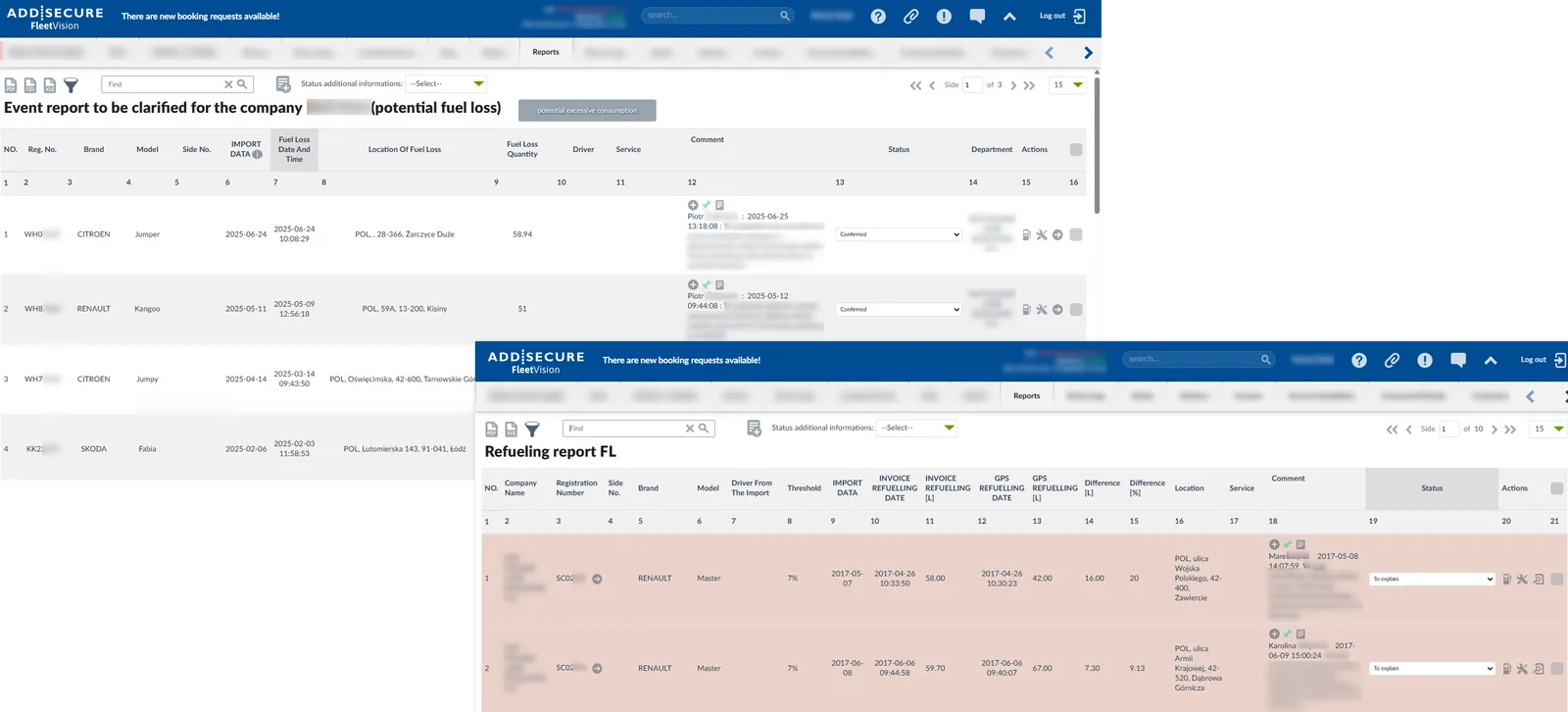 Event report table displaying potential fuel loss incidents with columns for vehicle registration, brand, model, import date and time, location of fuel loss, fuel loss quantity, driver, service, comment, status, and department. Two overlapping report windows show fuel loss events and refueling report data with editable status fields and action buttons.