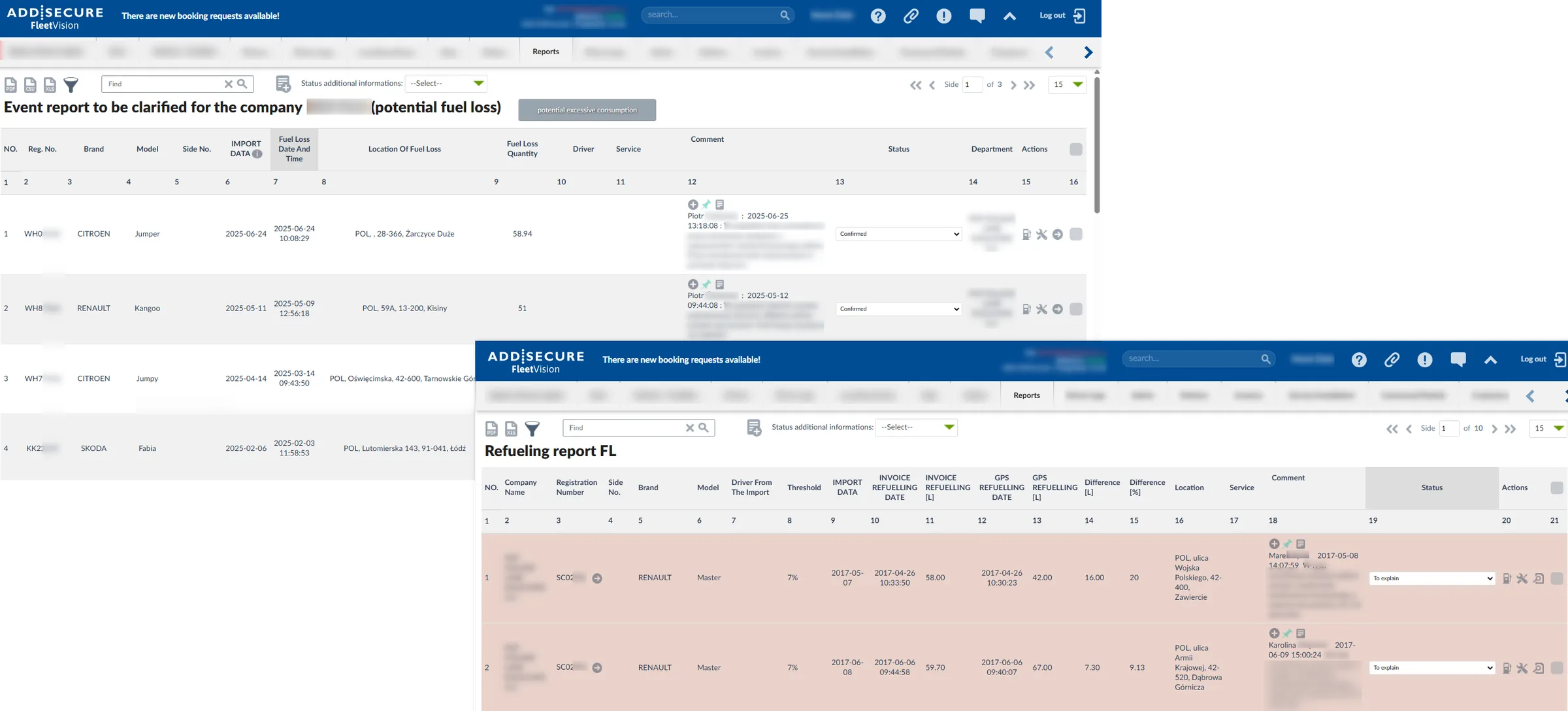Event report table displaying potential fuel loss incidents with columns for vehicle registration, brand, model, import date and time, location of fuel loss, fuel loss quantity, driver, service, comment, status, and department. Two overlapping report windows show fuel loss events and refueling report data with editable status fields and action buttons.