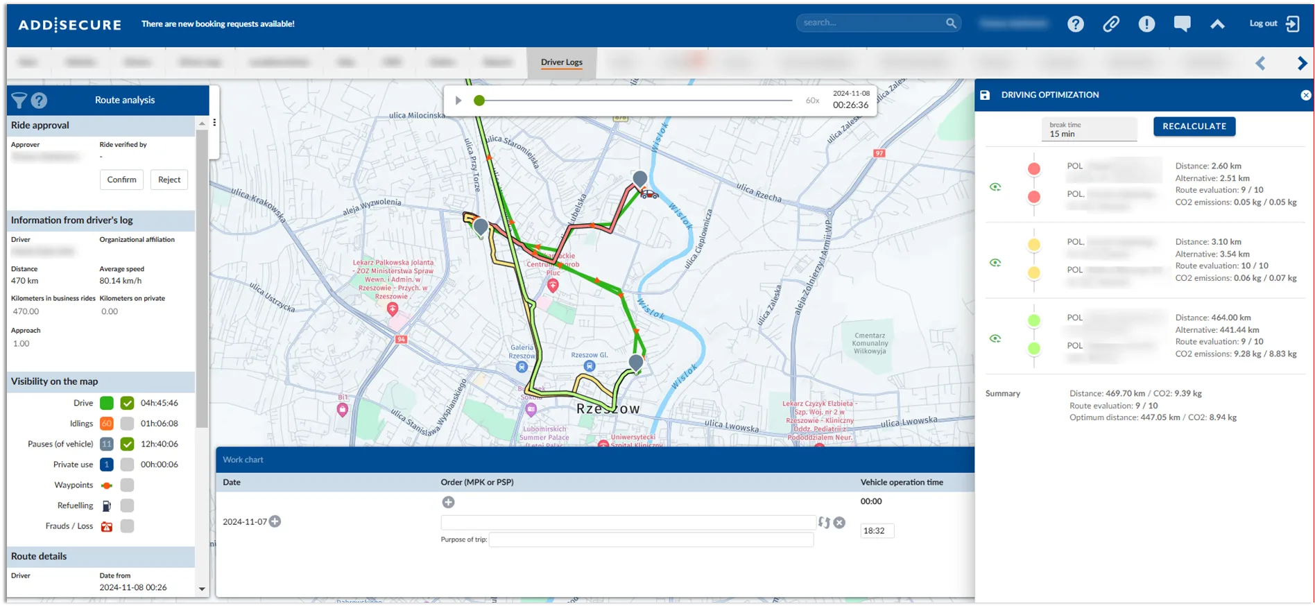 Route analysis screen showing a map of Rzeszow with multiple route paths highlighted in different colors, left sidebar with ride approval section and driver log information, and right sidebar displaying driving optimization metrics including distance, CO2 emissions, and route evaluation scores for multiple vehicle routes.