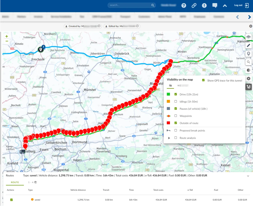 Map view of a route from Lisburg to Hanover showing the planned route in green and actual GPS trace in red with numbered stops, flanked by a visibility legend and route cost summary table below.