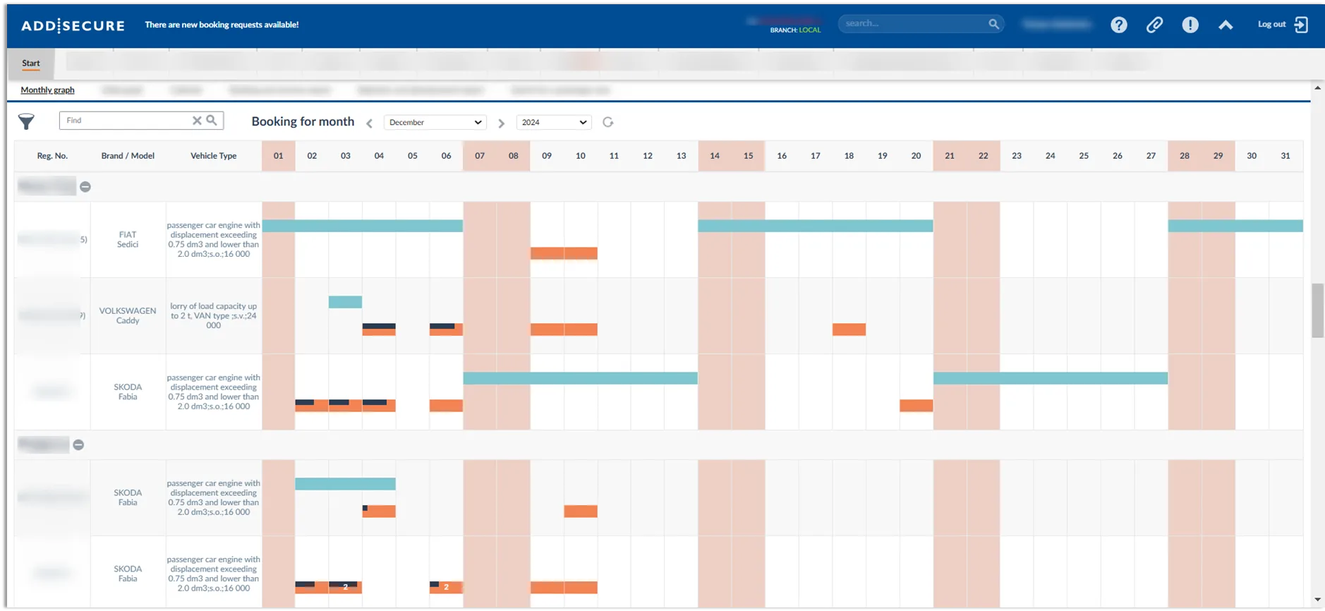 A monthly calendar grid for December 2024 displaying vehicle booking schedules. Multiple vehicle rows show colored bars representing active bookings in turquoise, unavailable dates in light pink, and booking requests in orange. The calendar includes registration numbers, brand/model, and vehicle type information in the left sidebar.