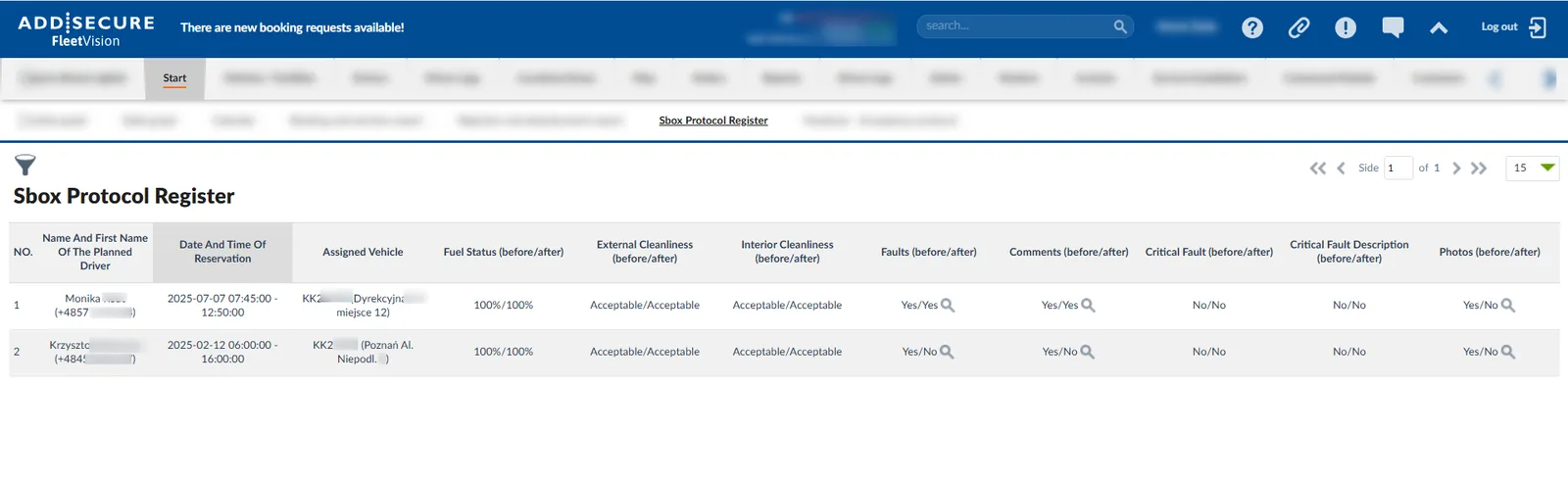 Sbox Protocol Register table showing two vehicle inspection records with columns for driver name, reservation date/time, assigned vehicle, fuel status, external and interior cleanliness, faults, comments, critical faults, and photos, all marked as acceptable or complete.