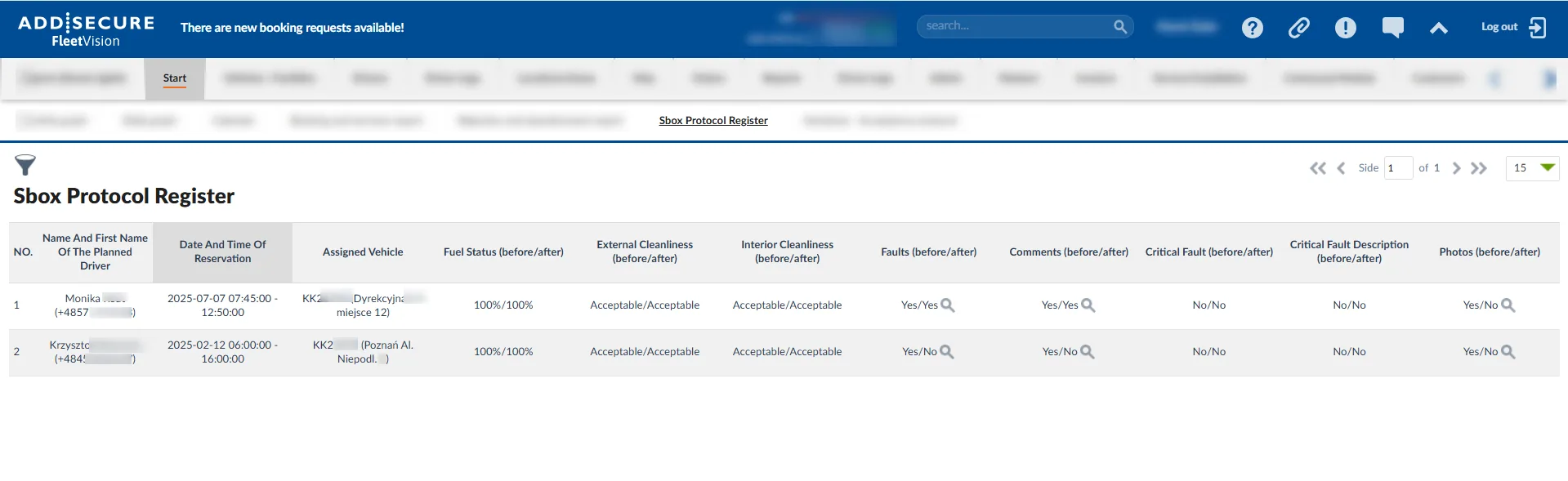 Sbox Protocol Register table showing two vehicle inspection records with columns for driver name, reservation date/time, assigned vehicle, fuel status, external and interior cleanliness, faults, comments, critical faults, and photos, all marked as acceptable or complete.
