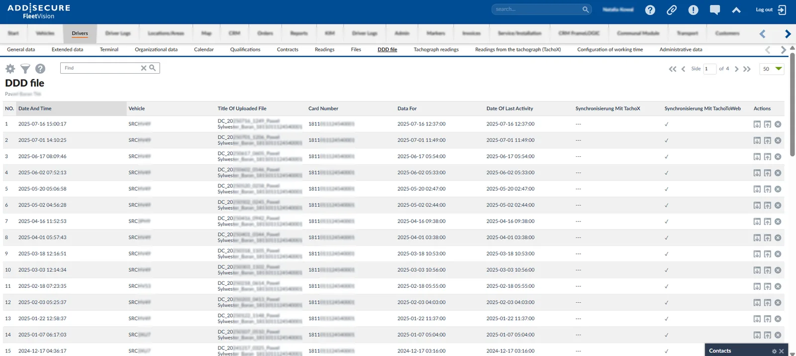 DDD file management table showing 15 rows of digital tachograph download records with columns for date and time, vehicle, file title, card number, data date, last activity date, and synchronization status with action buttons.