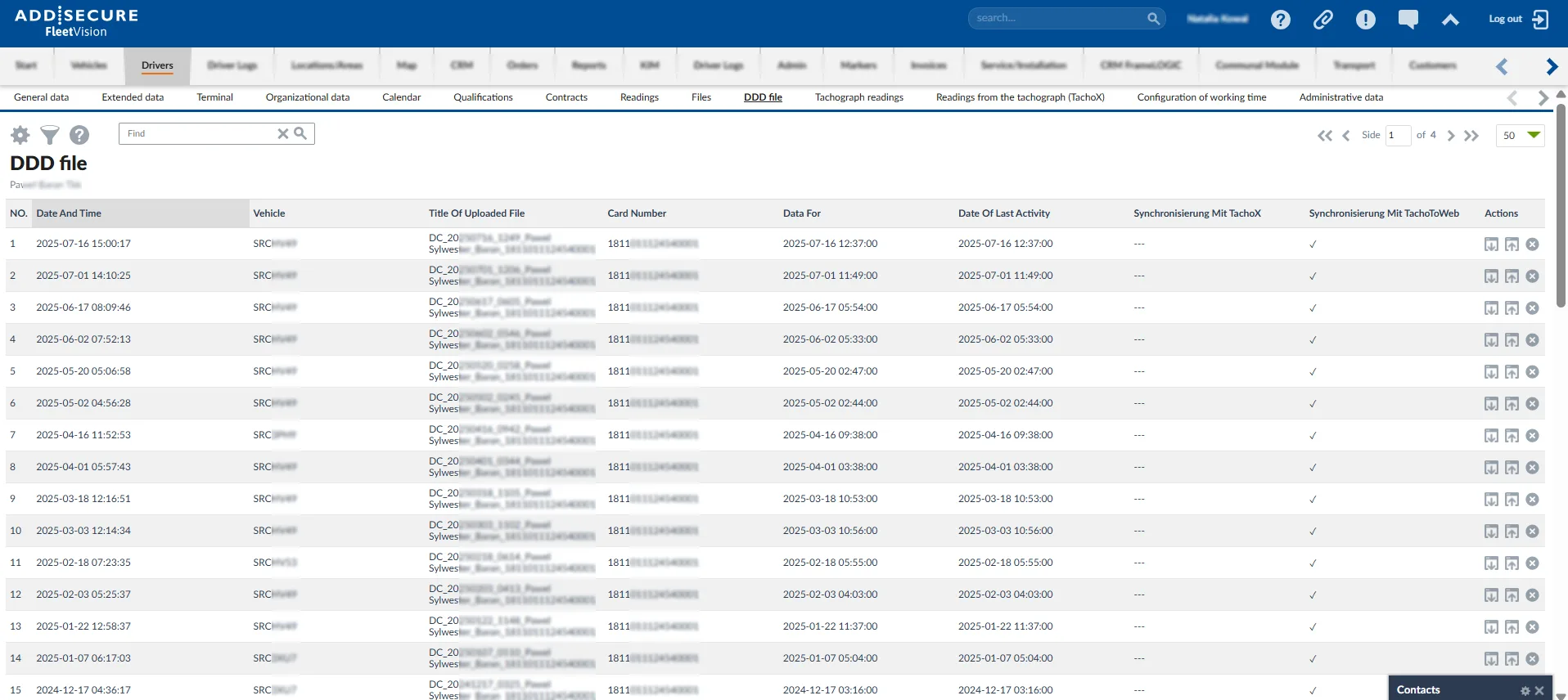 DDD file management table showing 15 rows of digital tachograph download records with columns for date and time, vehicle, file title, card number, data date, last activity date, and synchronization status with action buttons.