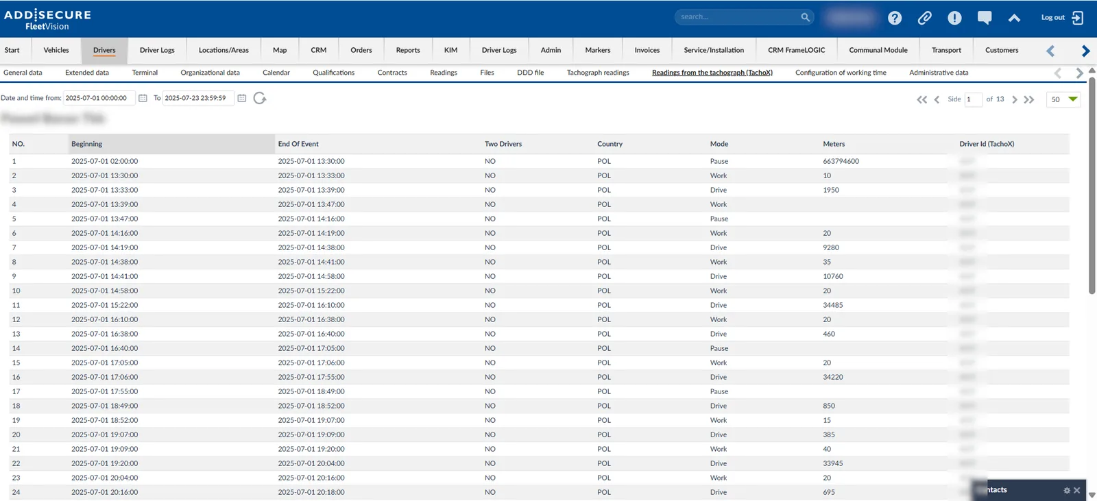Table displaying tachograph readings with columns for beginning time, end of event, two drivers, country, mode, meters, and driver ID. Multiple entries show driving and work activities from July 1, 2025.