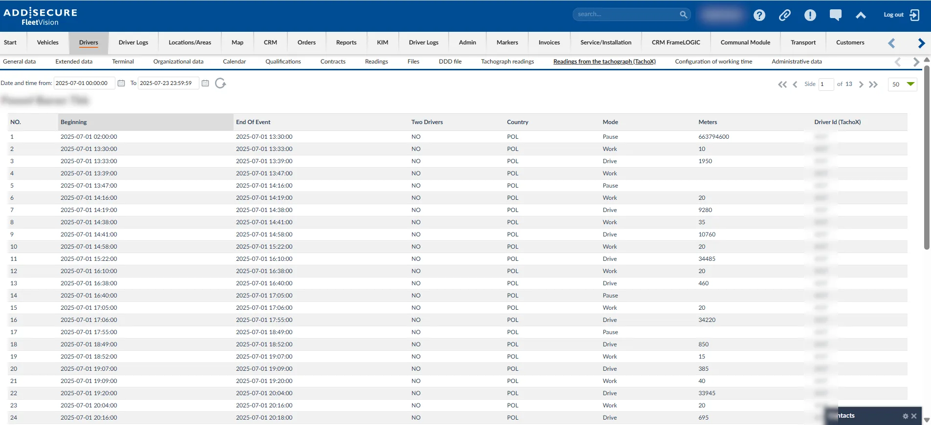 Table displaying tachograph readings with columns for beginning time, end of event, two drivers, country, mode, meters, and driver ID. Multiple entries show driving and work activities from July 1, 2025.