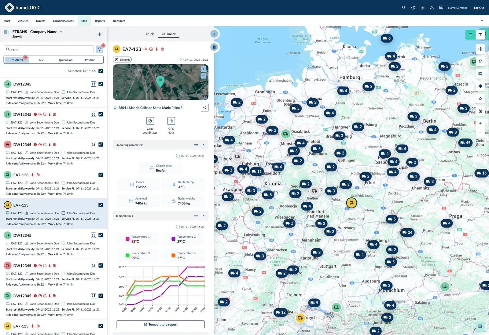 Trailer view in the frameLOGIC system: a panel for a refrigerated trailer showing chassis type, closed doors, reefer temperature, axle and trailer weight, four temperature zones with a chart of readings over time, and the trailer's position on a map of Germany and Poland.