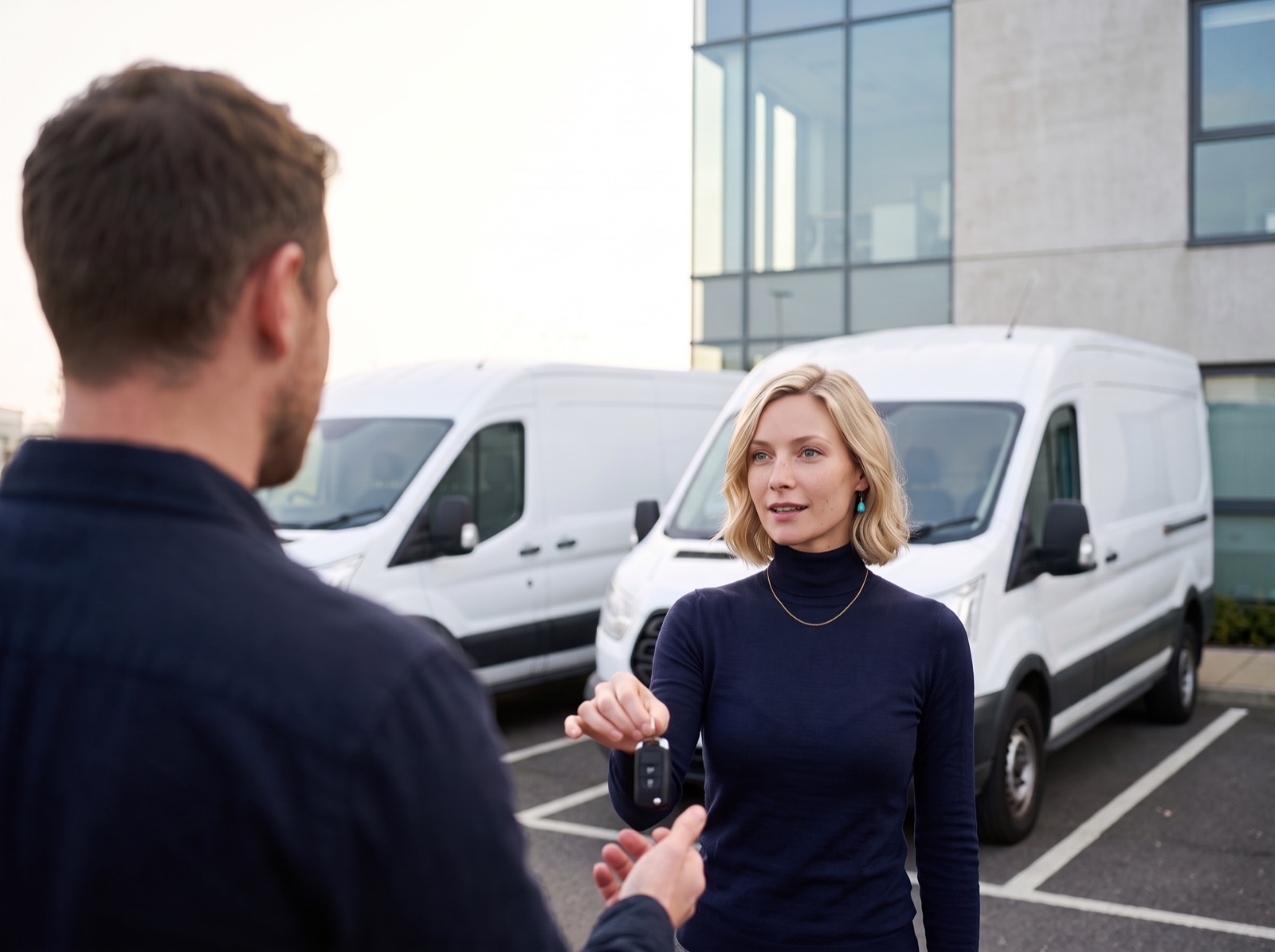 Dispatcher handing a vehicle key to an employee in a company car park