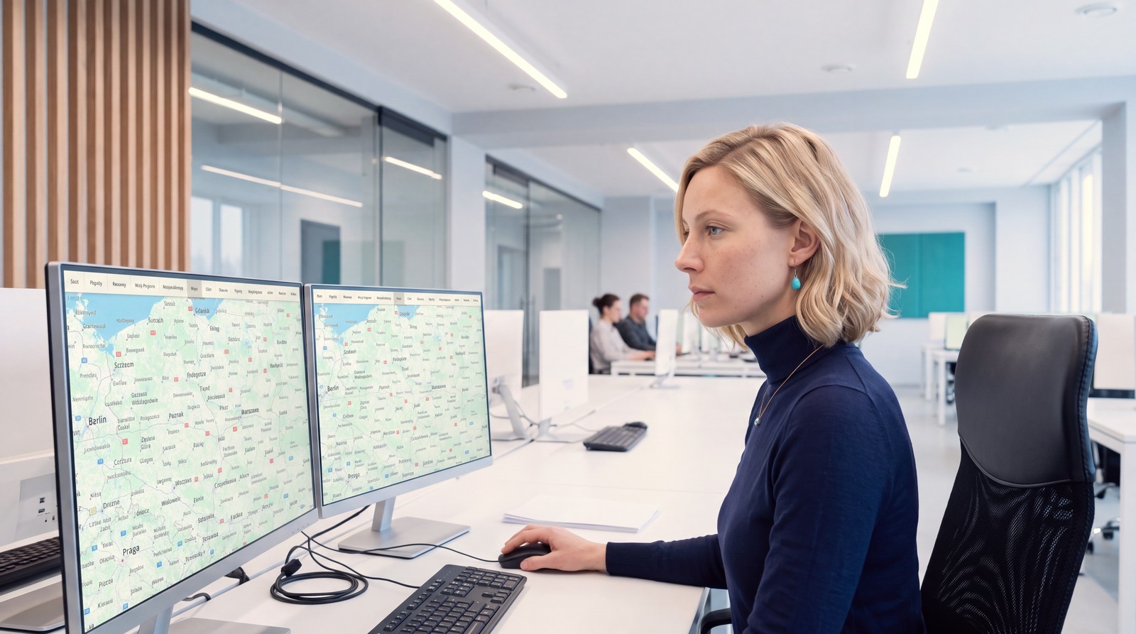 Eine Disponentin an zwei Monitoren mit einer Flottenkarte, seitlich vom Schreibtisch aus gesehen