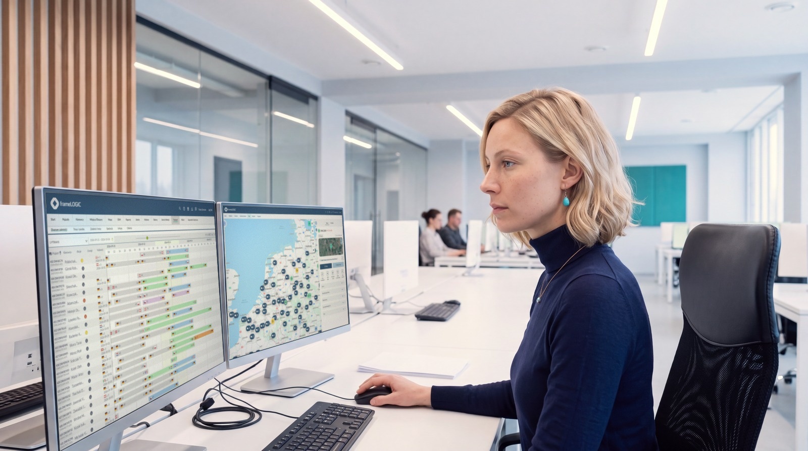 A dispatcher at two monitors: the route schedule in the TMS on the left, the fleet map on the right