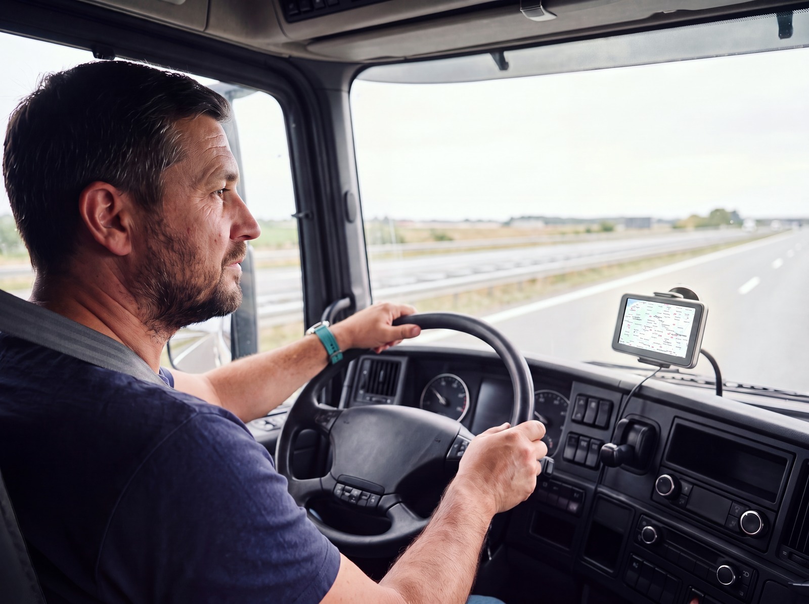 A truck driver wearing a seat belt on the motorway, with a route map on the terminal mounted on the windscreen