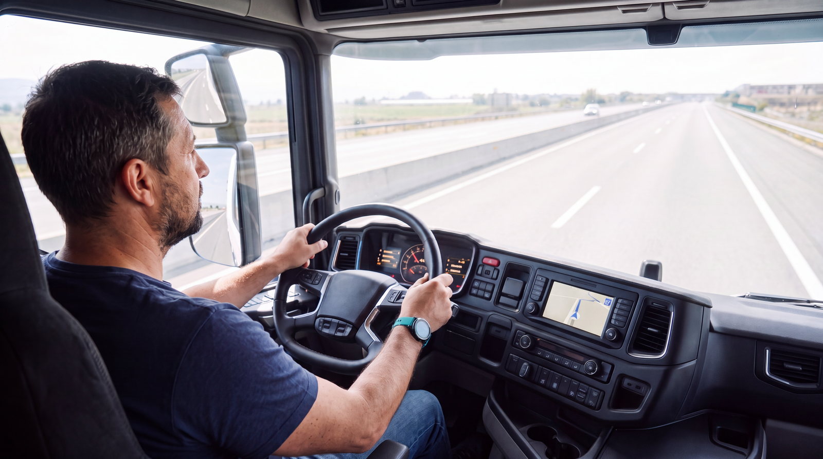 Ein Mann steuert einen Lkw über die Autobahn, beide Hände am Lenkrad und den Blick auf der Straße, im Armaturenbrett die Navigation mit der Route