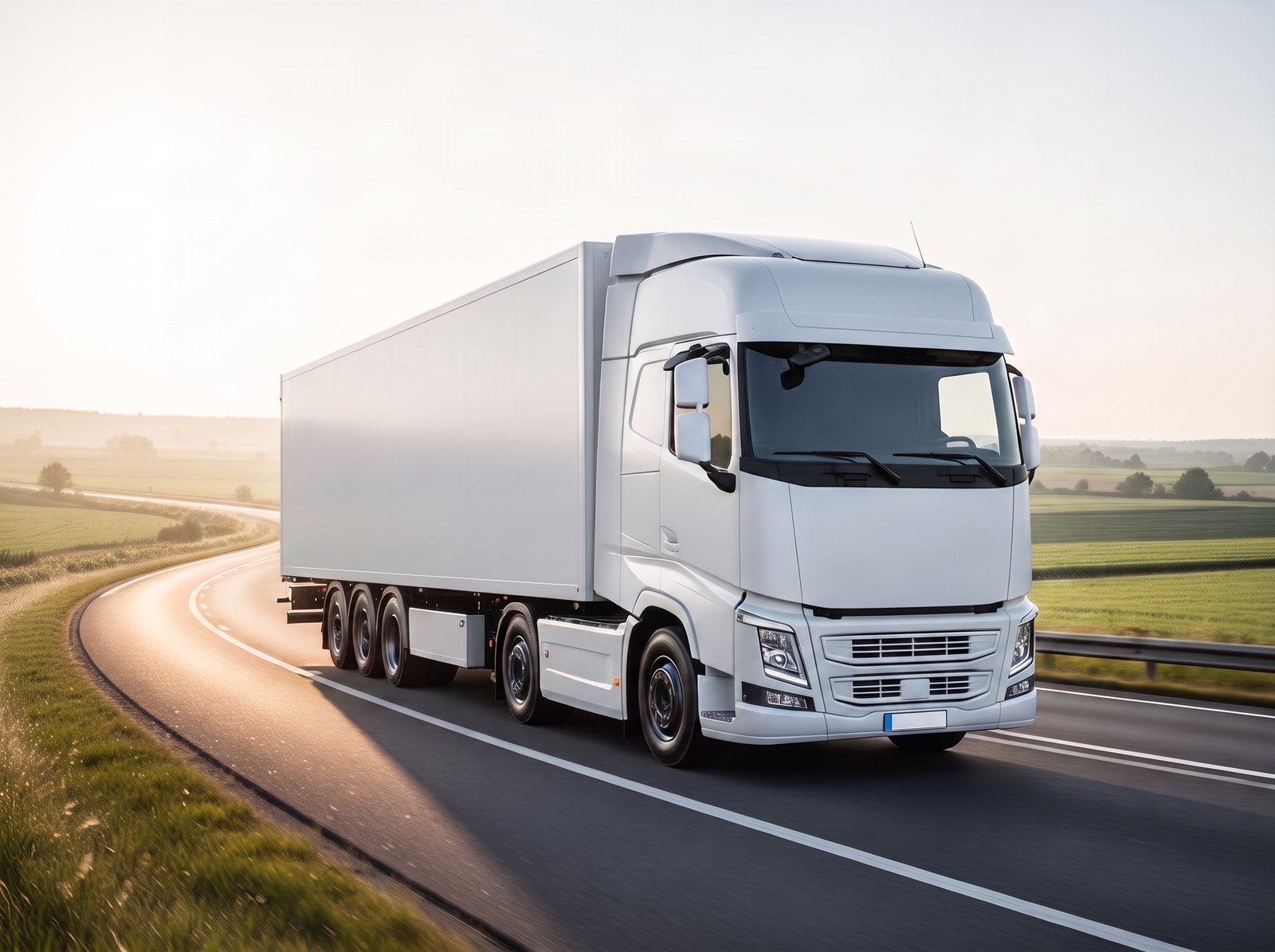 A white truck tracking smoothly through a gentle curve in morning light