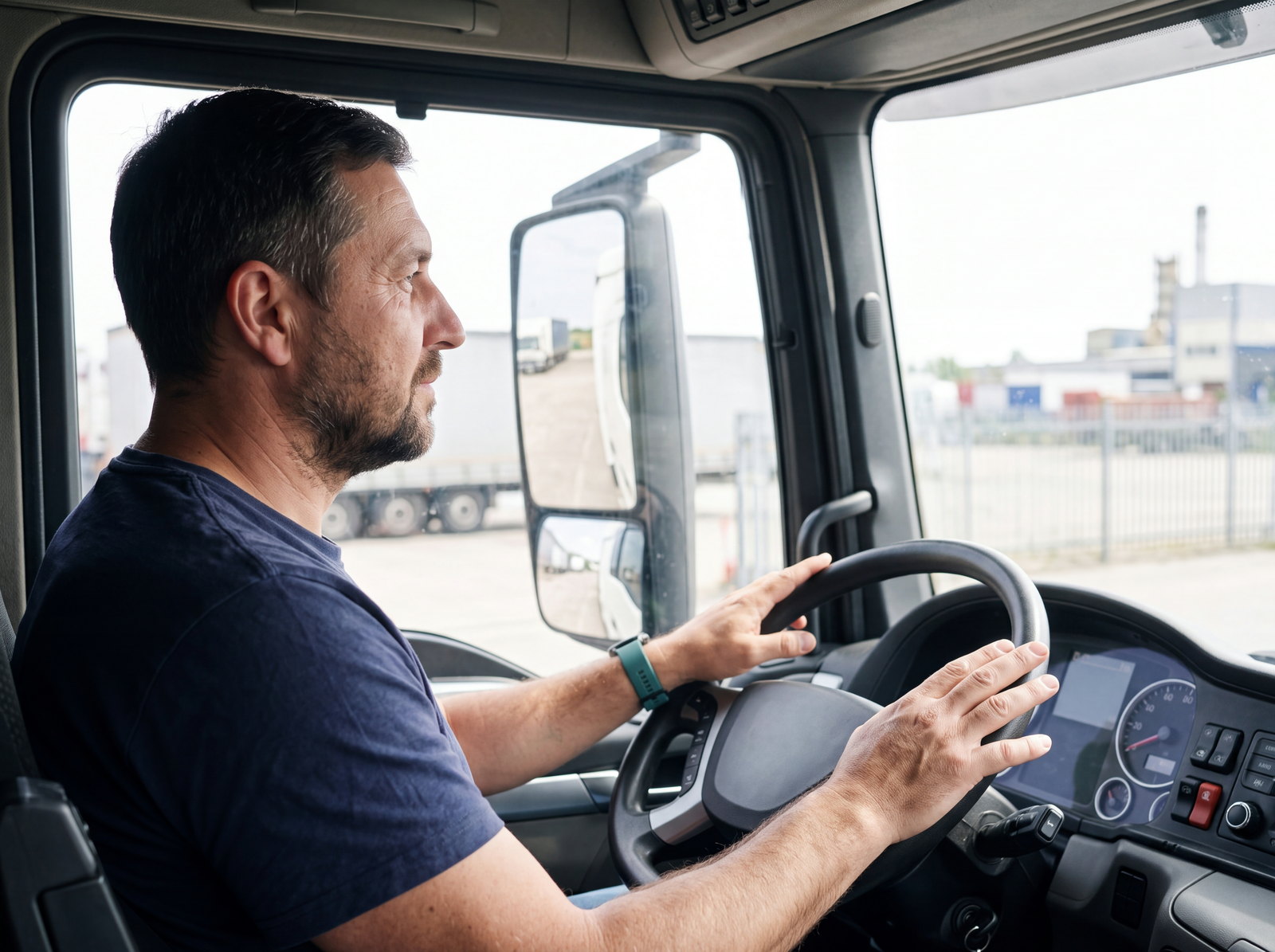 A driver sitting relaxed at the wheel of a truck, both hands on the rim, looking ahead through the windscreen