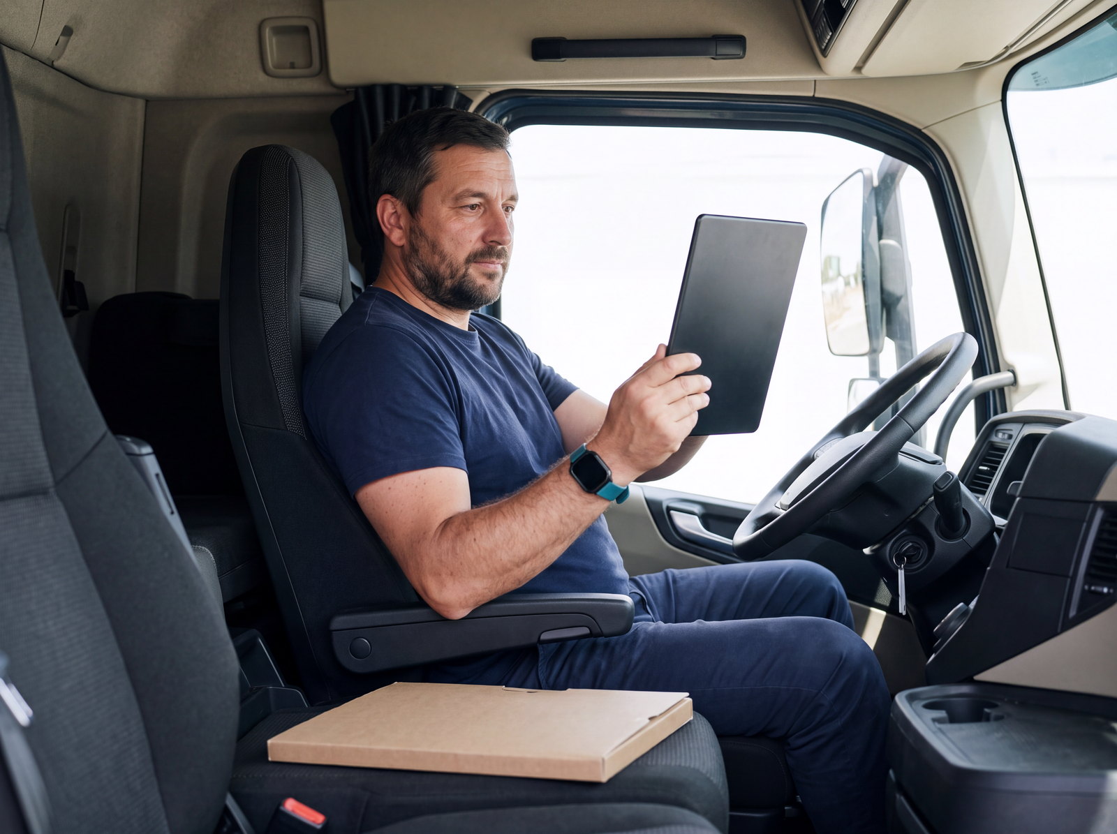 A driver in the cab reaching for a tablet on the dashboard, a blank clipboard resting on the seat beside him