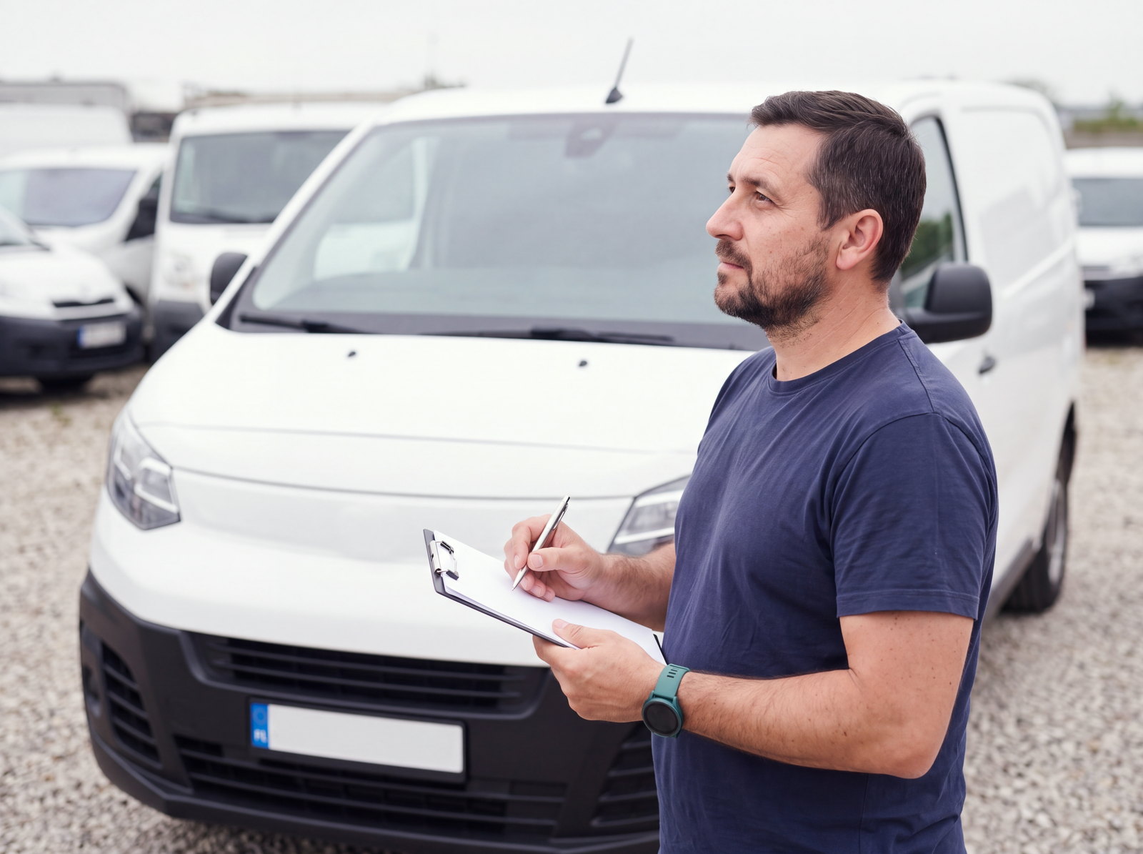 A technician writing on a clipboard at the front of a white van, more vehicles parked behind him