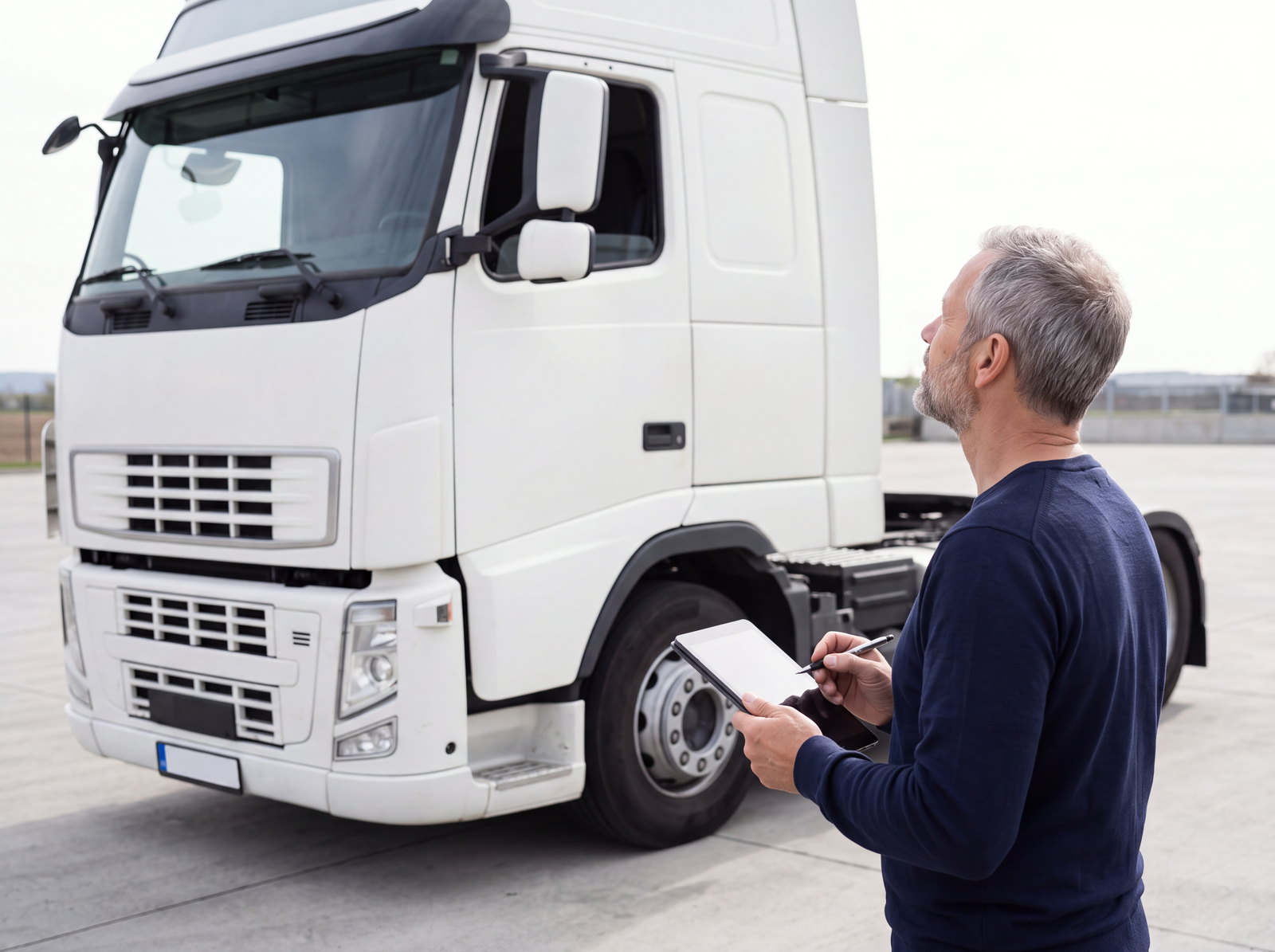 A fleet manager noting details on a tablet beside a single white tractor unit