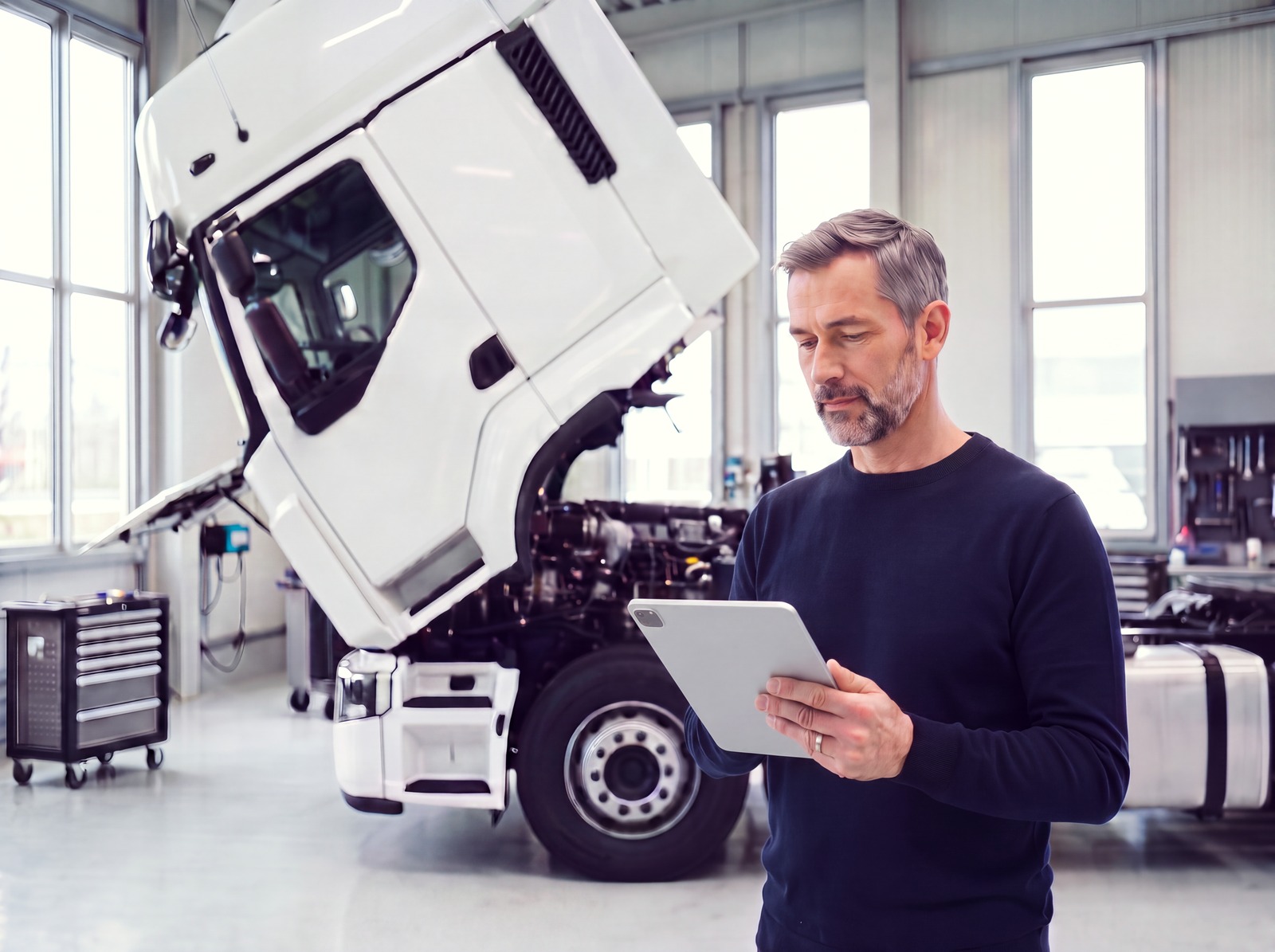 Ein Flottenleiter mit Tablet vor der hochgekippten Kabine eines weißen Lkw in einer hellen Werkstatt