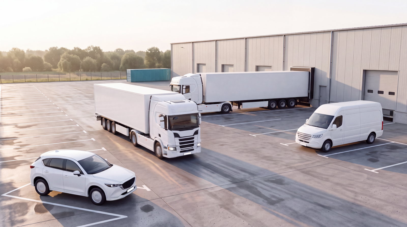Logistics yard at sunrise with a tractor-trailer, a van and a company car in marked bays