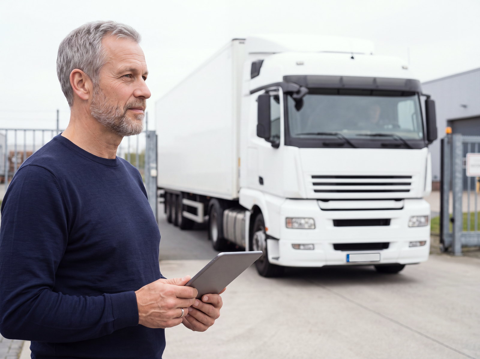 A fleet manager with a tablet watching a white tractor-trailer come in through the yard gate behind him
