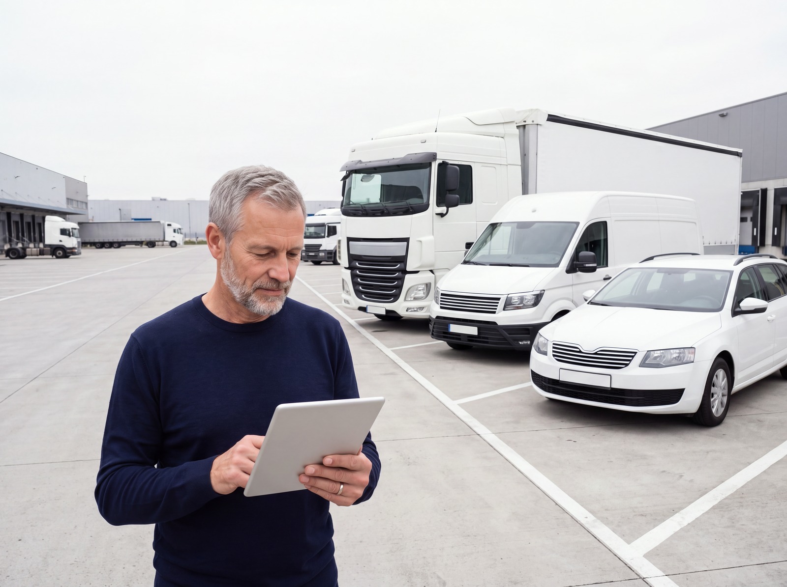 A fleet manager looks at a tablet held with its back to the camera; behind him a white truck, a van and a car in marked bays
