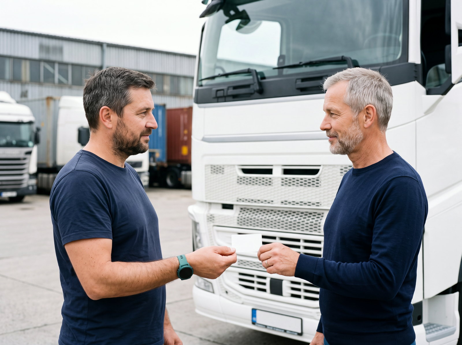A driver handing a plain card to a fleet manager in front of a white truck
