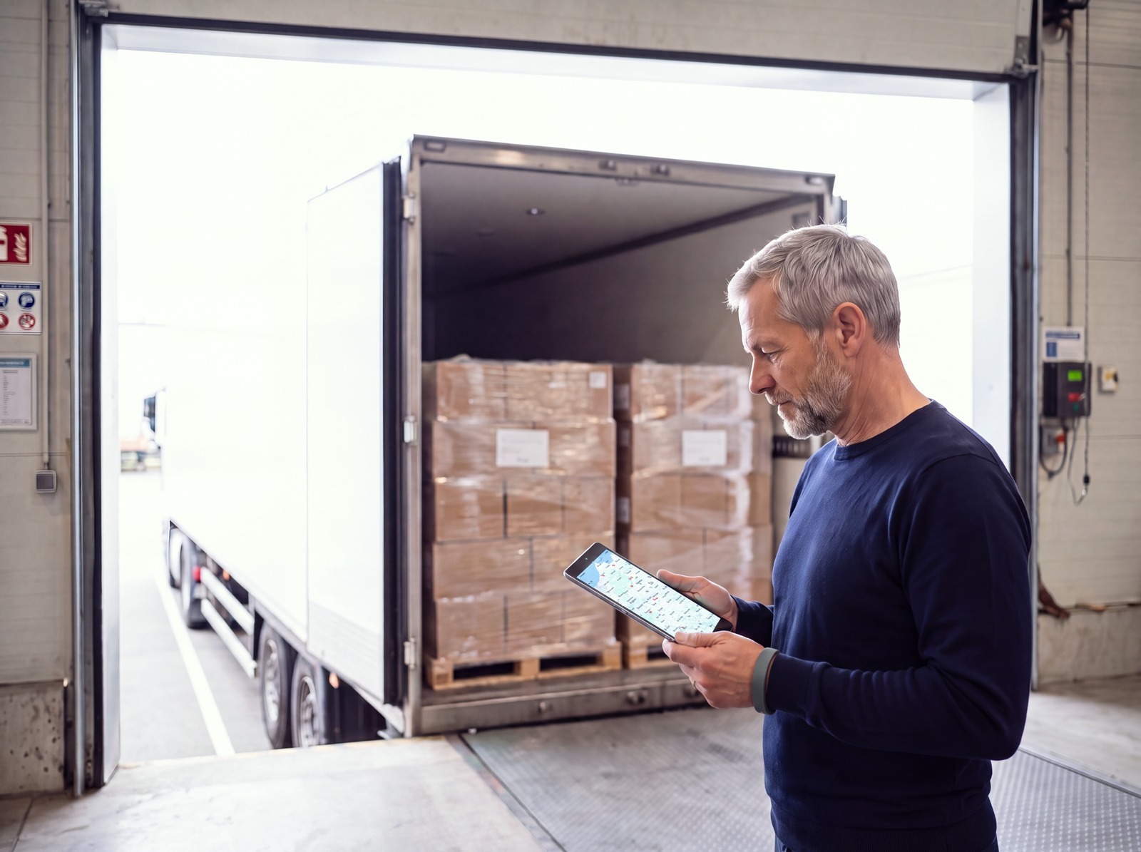 A dispatcher holding a tablet showing a fleet map stands at an open trailer loaded with pallets in a dock doorway