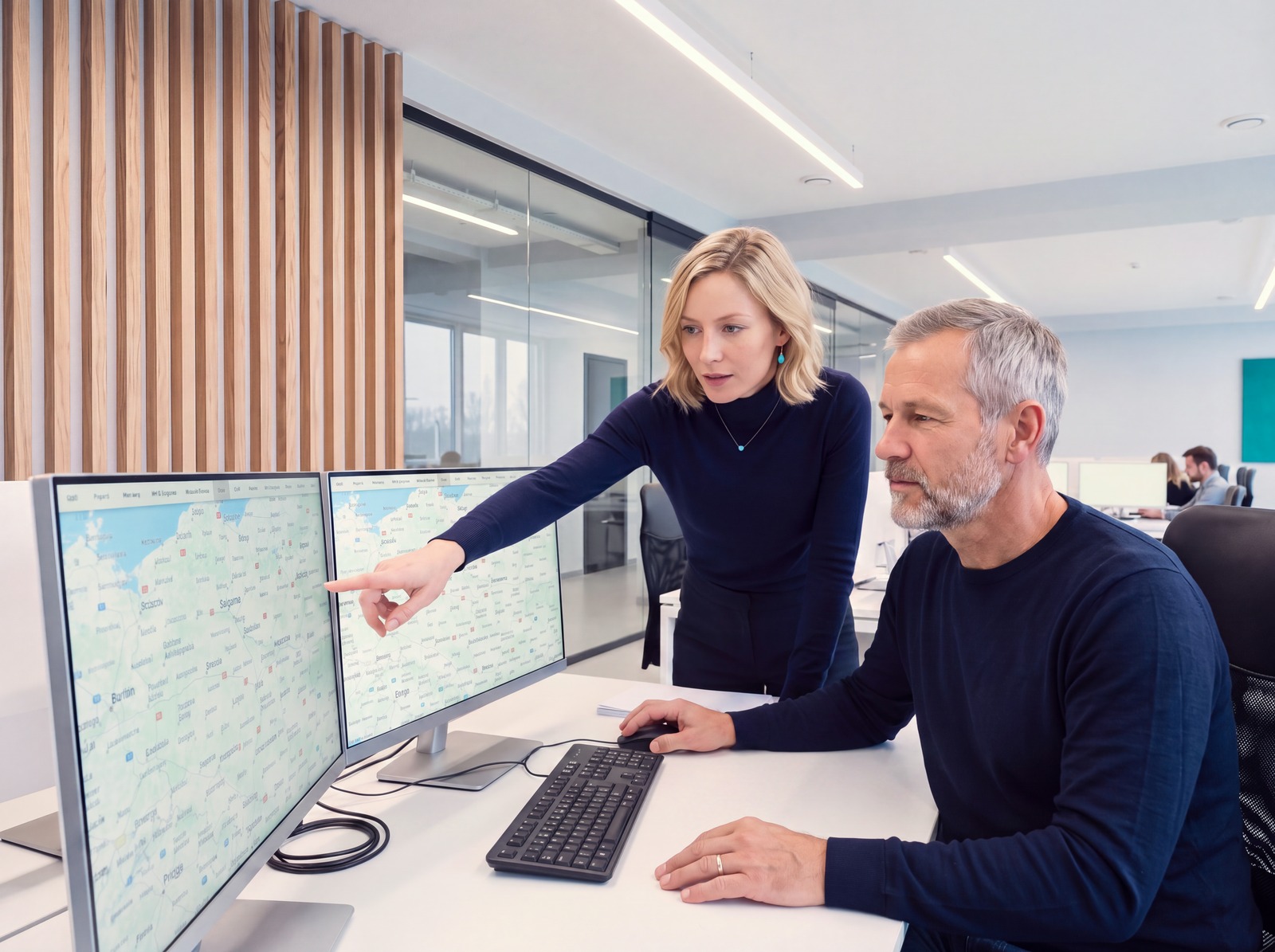 A dispatcher points at a monitor showing a map while her colleague rests his hand on the mouse; the camera looks past the screens toward both faces