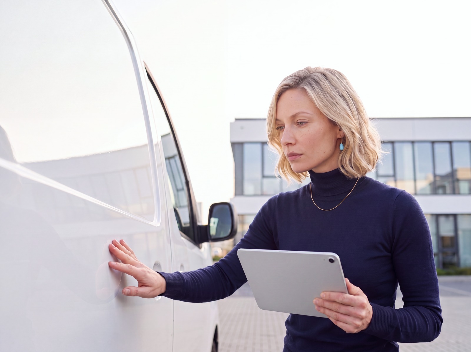Eine Flottenkoordinatorin prüft die Beplankung eines weißen Transporters, in der anderen Hand ein Tablet mit der Rückseite zur Kamera
