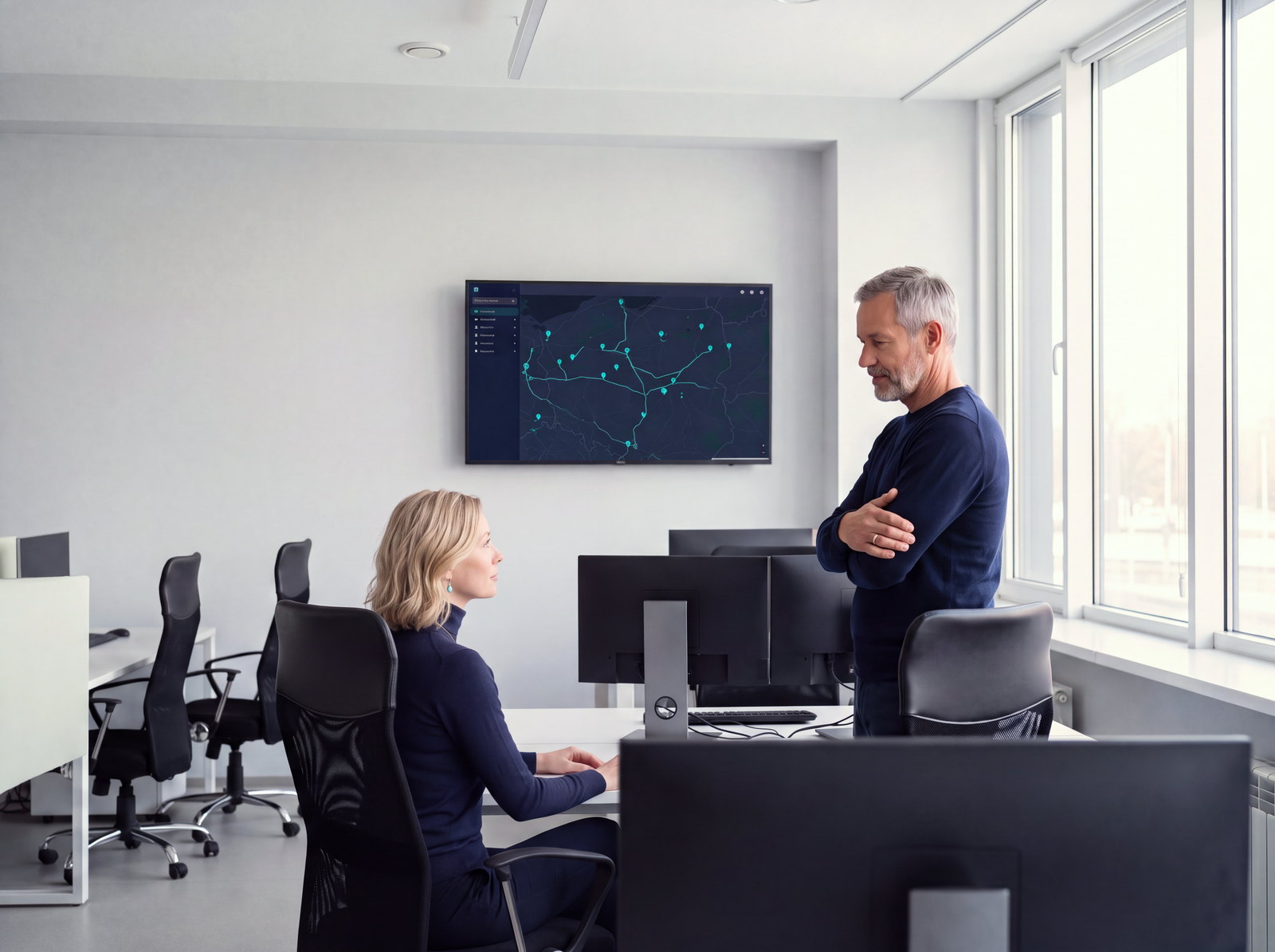 A bright dispatch office with a fleet map on a wall screen and two people discussing it