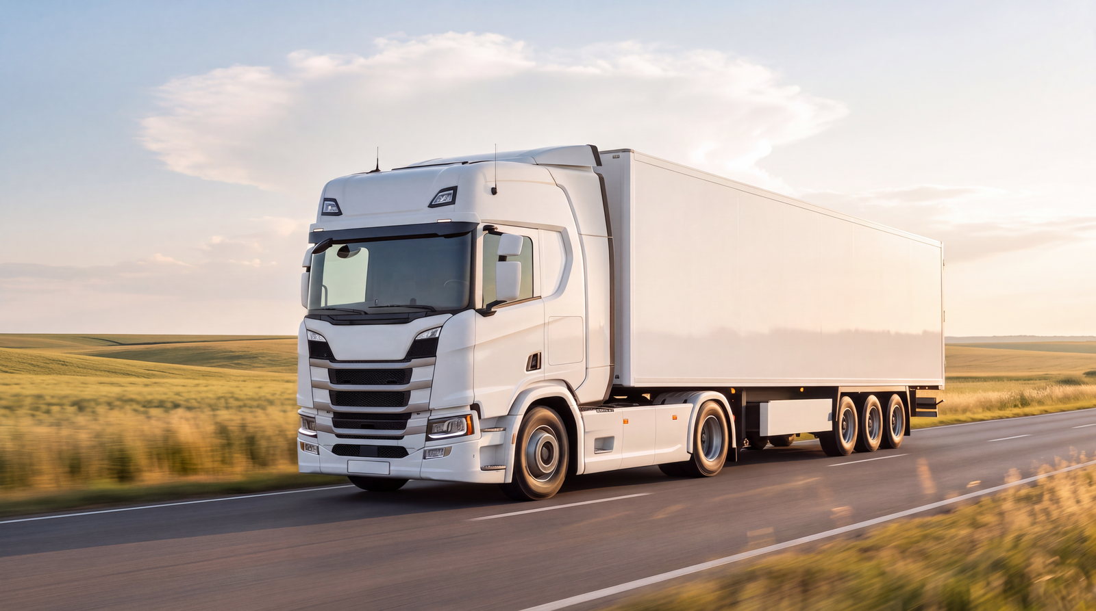 Tractor-trailer on a country road at golden hour