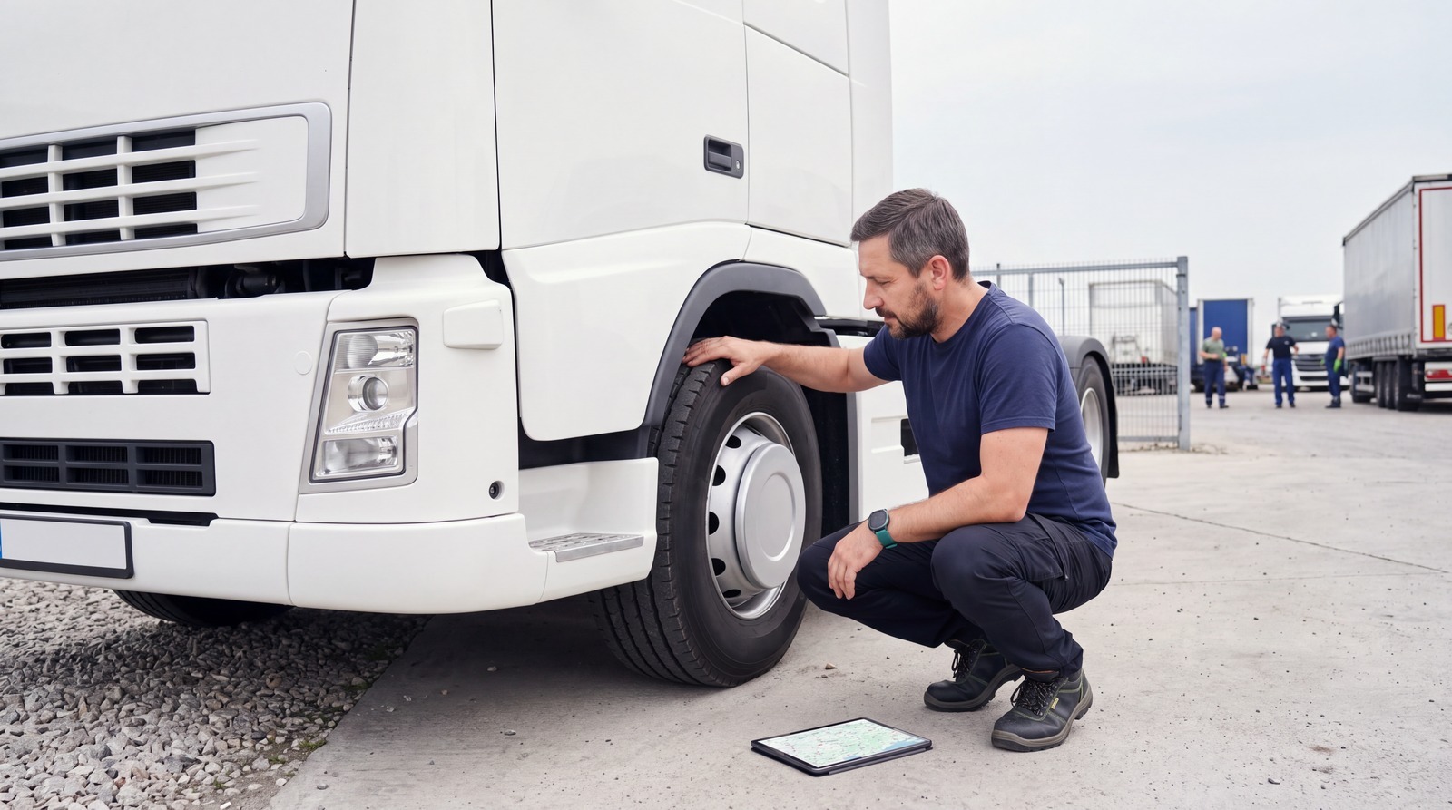 A driver crouches at the front wheel of a white truck checking the tyre; a tablet showing a map lies flat on the ground beside him