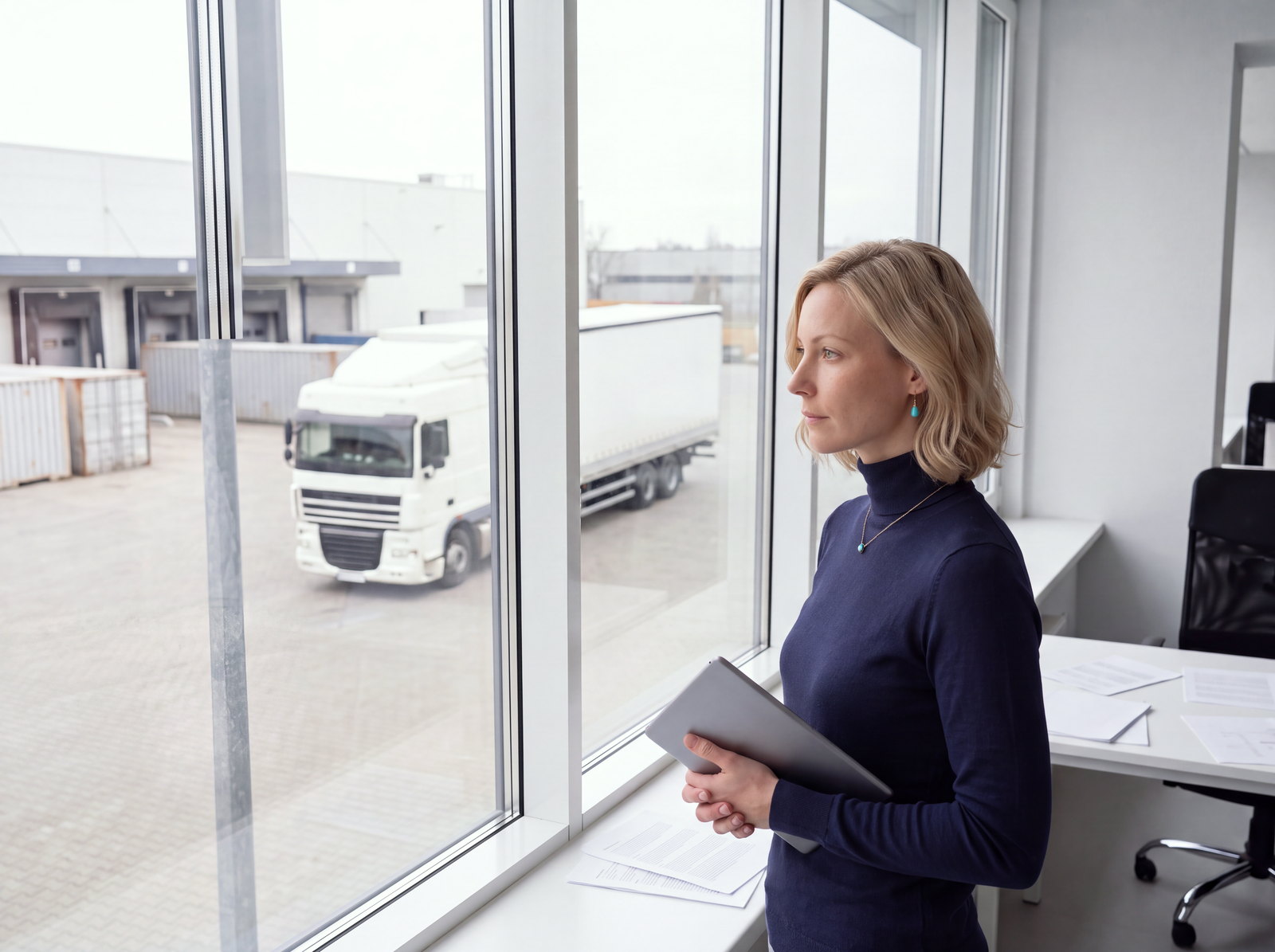 A dispatcher at an office window watching a white truck pull away across the yard