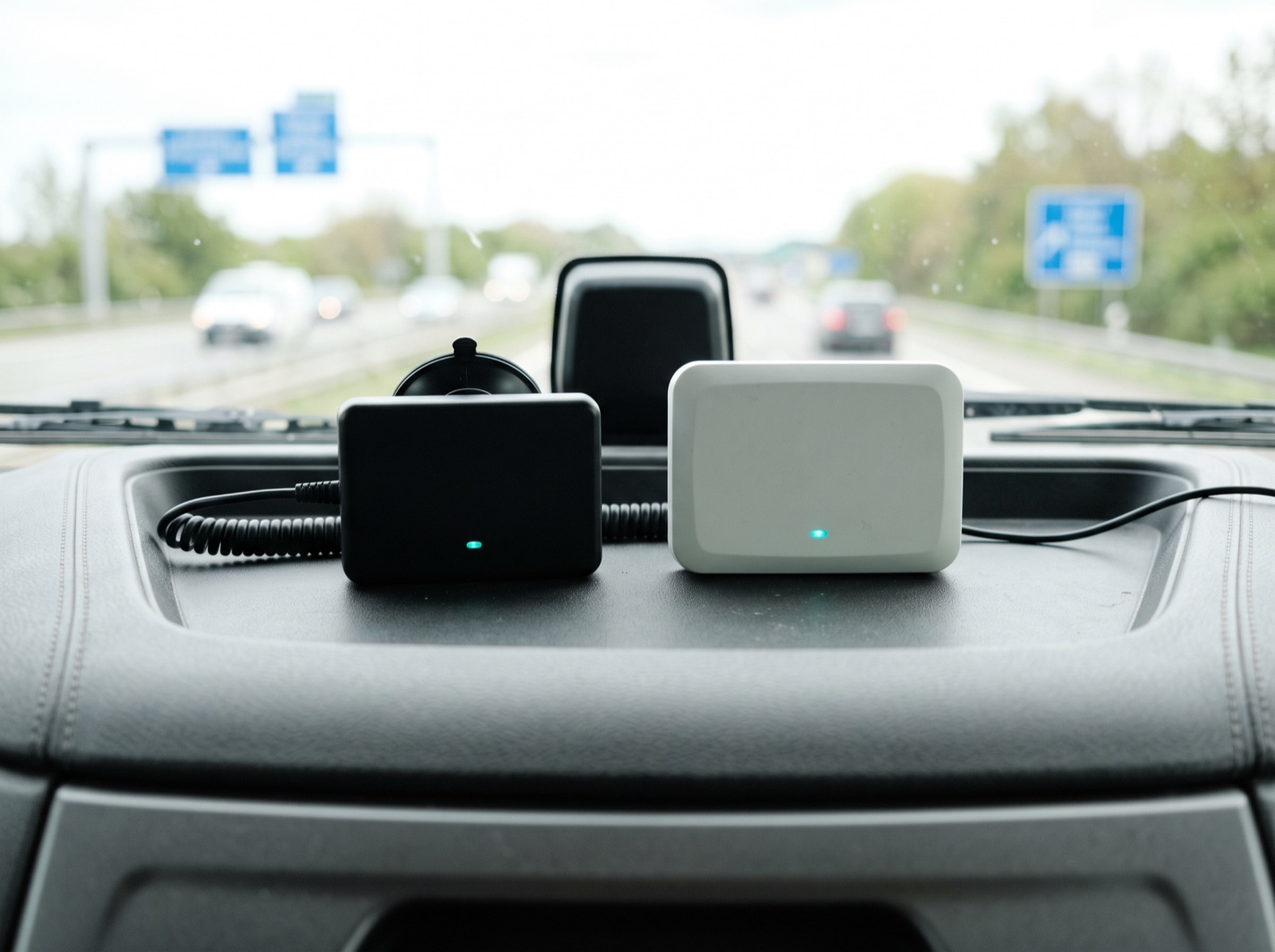 Two toll devices side by side on a truck dashboard with the motorway ahead